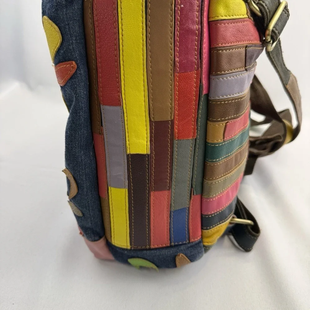 VTG Amerileather‎ Leather Backpack Multi Color Rainbow Flower Boho Denim Bag Y2K